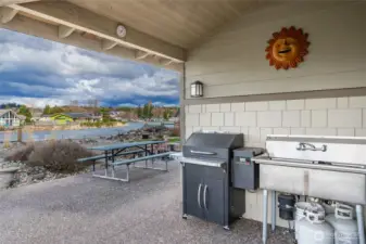 Covered patio for year-round grilling as well as a stainless commercial style sink for cleaning your fresh Birch Bay catches of Crab, Clams & fish!