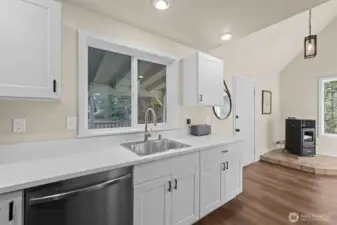 Window looks out to the expansive yard.