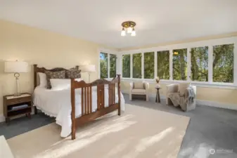 The primary bedroom is sizable and could be used as a family room if desired. Here one feels suspended in the elements with territorial views, the Olympics profiling in the distance and glowing sunsets. Note that there are fir floors under the carpets. Part of the wall-to-wall carpeting was cut out in the walk-in closet to expose the wood floors.