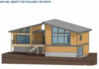 Front elevation of home with a Liberty Bay and Mt. Rainier view.