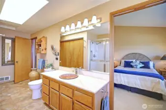 Nice and bright primary bath with perfectly located skylight...