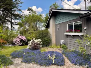 Master Gardener-designed landscape with plants chosen for year-round flowers. Flowering shrubs provide privacy and beauty.