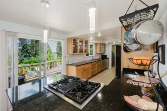 Kitchen with Jenn-Air gas range and doors opening up to the deck for BBQing and outside dining.