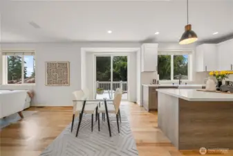 A charming breakfast nook sits just off the kitchen