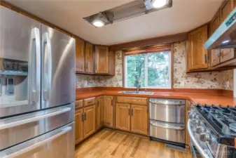 Spacious kitchen with updated appliances including a double-drawer dishwasher and gas range.
