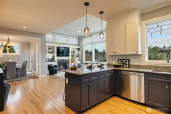 Great room is open and light