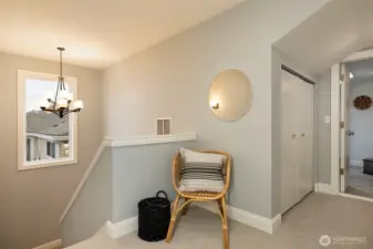 Upstairs has three rooms and a double vanity bathroom.