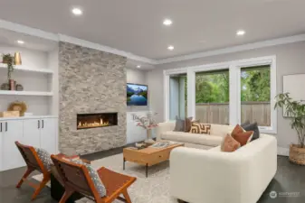 Spacious living room with built in TV nook & speakers for indoors and out!
