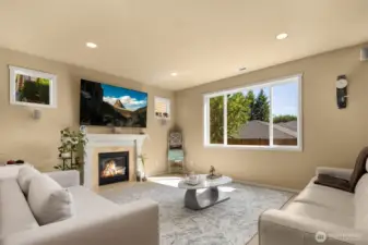 High-end surround sound wiring and the gas fireplace make this living room comfortable and functional.