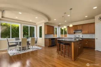 The dining space can accommodate a large gathering or an intimate dinner with views of the backyard.