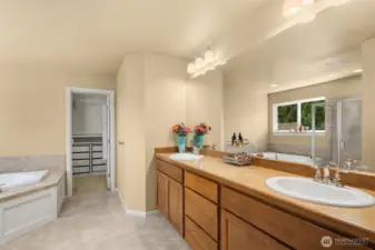 5-piece bath with tile countertop and soaker tub.