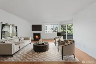 Virtual staging to highlight fireplace in living room.
