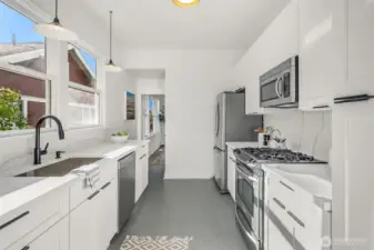 South facing light filled kitchen with new cabinets and countertops.