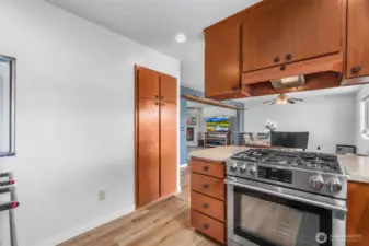 Pantry area is in those two brown doors as well as behind in the hall. Kitchen wall is open to view others in the dining area and living area.