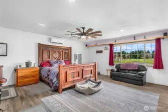 This is the primary bedroom downstairs with adjoining bathroom and walk-in closet. Has minisplit  for temperature control. Large window faces front of home.