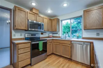 Stainless steel appliances and a great view of the yard