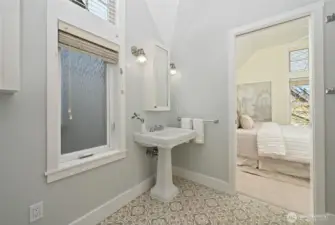The colors in this bathroom offer a spa like feeling.
