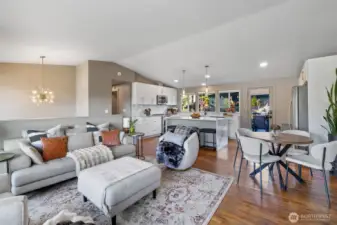 Great room with living room, dining area and gourmet kitchen