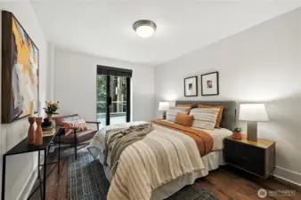 Nice size bedroom leads to private deck (only one of two decks in the whole building)!