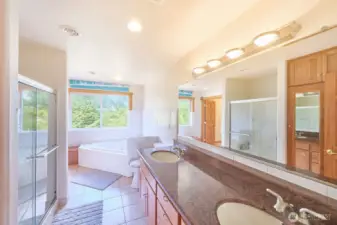 Ensuite bathroom featuring dual vanities and walk-in shower