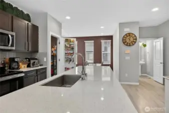 Stunning chef's kitchen with rich dark cabinetry, stainless steel appliances, and center island