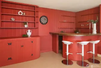 Retro chic! Custom built in bar with seating.