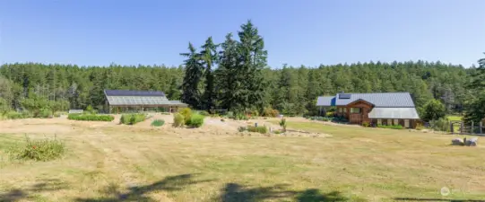 Deer Fenced garden, greenhouse and main house.