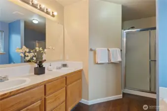 Primary Bath with double sink vanity, shower and tub