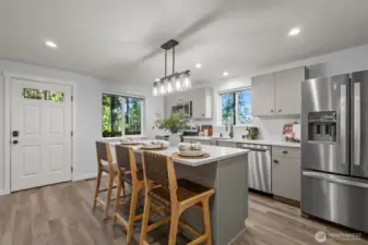 Eat-in kitchen bar at the large island is the perfect summer chill spot! :)