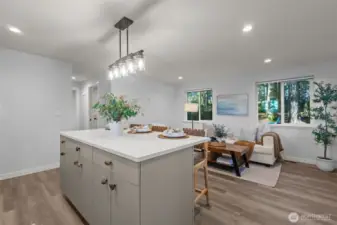 Large island over looking the main living room