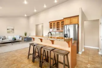 Casual living and kitchen are open concept.