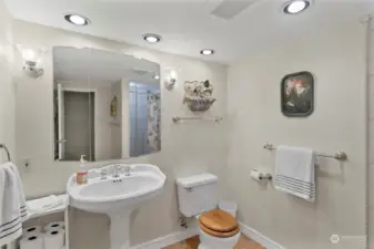 The lower-level bathroom features plenty of storage and a roomy walk-in shower.