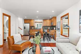 Big living room open to kitchen and dining areas