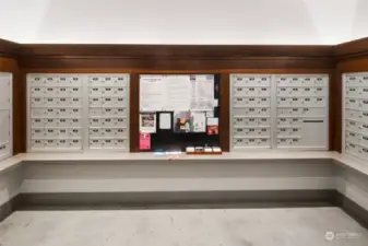 Access this conveniently located, tidy mailroom just off the lobby with secure mailboxes, bulletin boards, and community information.