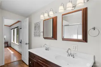 Cottage rustic vanity and blown glass lights- sweet and pretty.