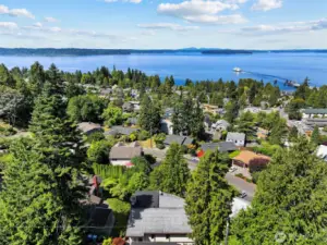 Drone shot of Puget Sound from above driveway.