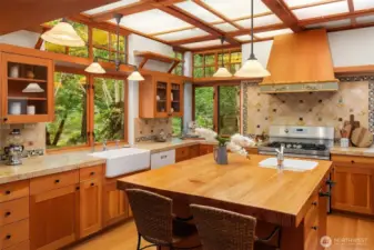 Glass fronted fir cabinets, massive butcher block island, farm sink and special wood trimmed luminousent ceiling just a few of the special touches in the warm welcoming kitchen