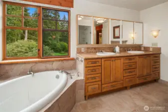 Primary bathroom vanity and tub.  There is also a glass walled shower, spacious closet with built-in vanity and cupboards plus a small propane fireplace.