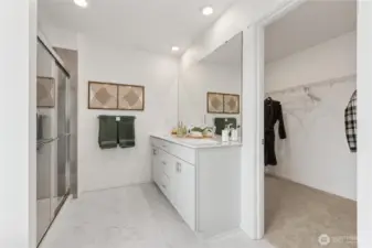 Slab quartz countertops with the dual vanities.  Picture for representational purposes only, colors and features may vary.