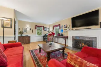 Cozy gas fireplace with handsome surround