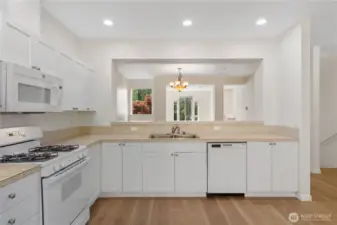 Freshly painted kitchen cabinets.