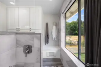 Tons of storage plus a view of your backyard from the shower.