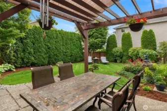 Pergola with Overhead Sunshade and Roller Shade