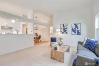 Open Living, High Ceilings, Dining and Kitchen, with New Carpet, Granite Countertops and Luxury Vinyl Plank Flooring.