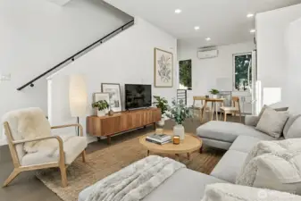 Virtually staged living room/dining area