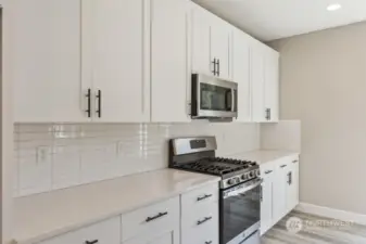 Similar home rendering. Counter top Gas SS Range with Hood and double oven.