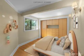 Second smaller bedroom on main level. This image has been virtually staged.
