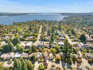 Aerial photo looking south. You can see Lake Washington just a short stroll away and 520.