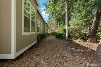 The side yard has a lush green belt for privacy