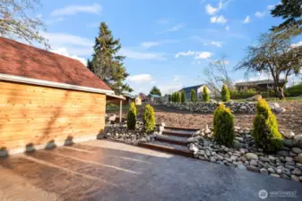 Gorgeous stamped concrete looking out to the backyard